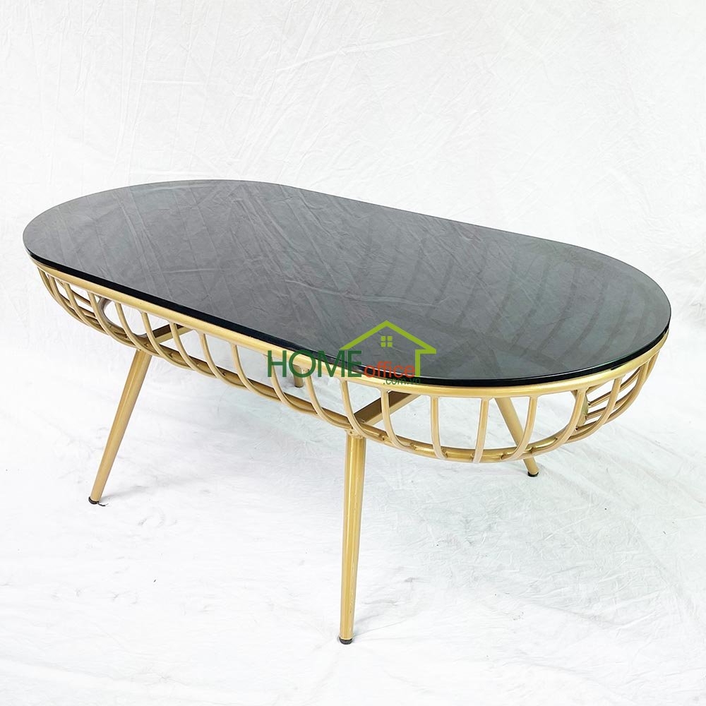 bàn sofa oval mặt kính khung vàng đồng