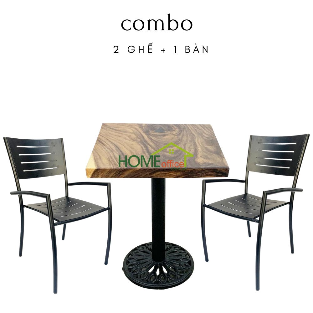 Bộ bàn ghế cafe gỗ me tây tự nhiên và 2 ghế sắt